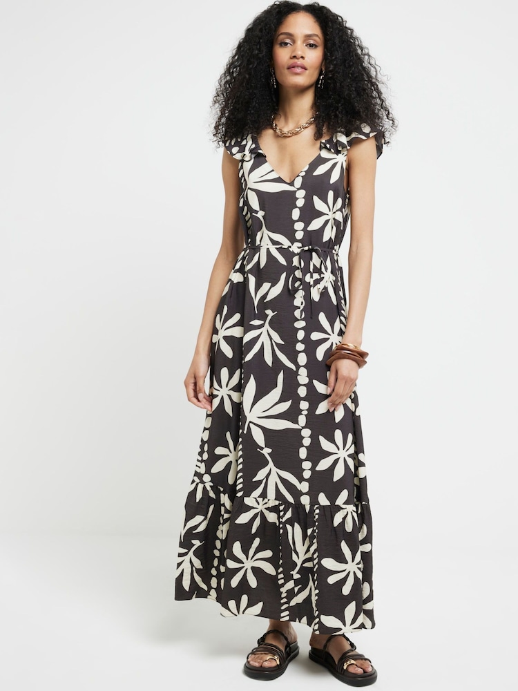 River Island Brown Floral Frill Sleeve Maxi Dress - Image 1 of 4
