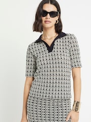 River Island Black Oversized Mono Print 100% Cotton Polo Top - Image 2 of 4