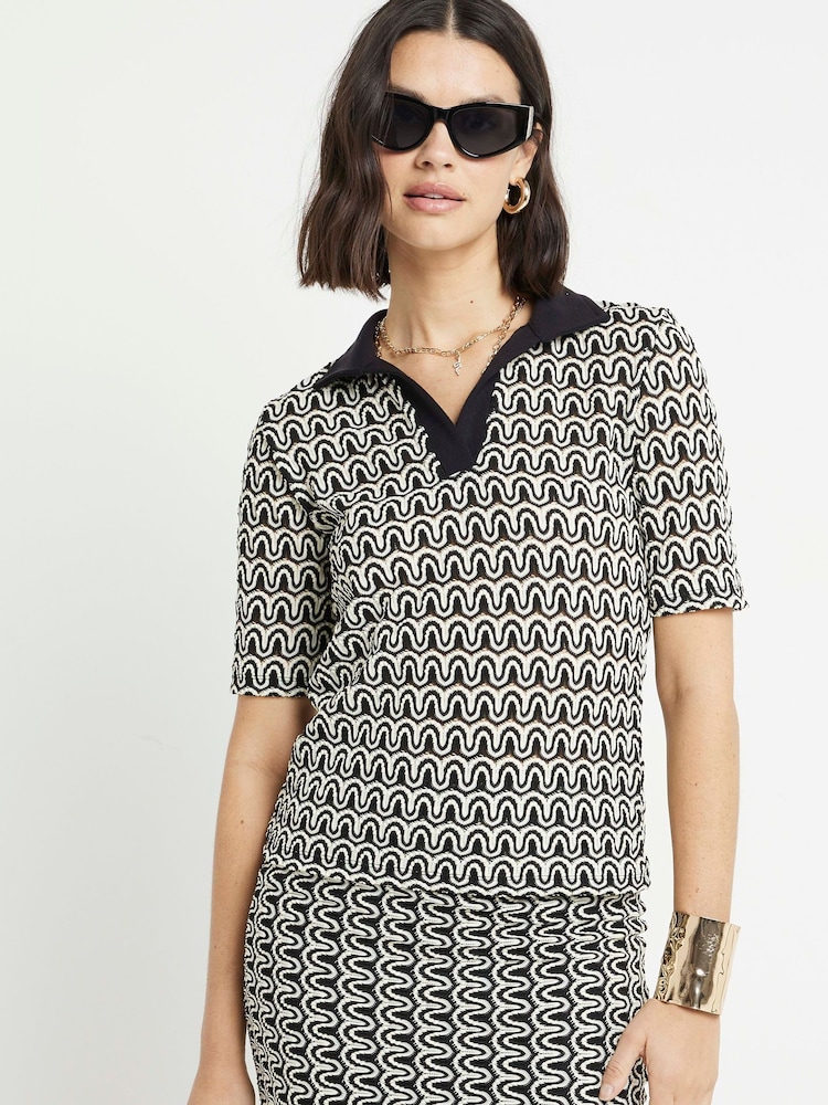 River Island Black Oversized Mono Print 100% Cotton Polo Top - Image 2 of 4