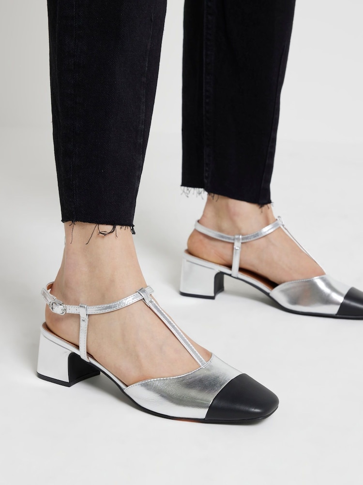 River Island Silver T Bar Block Heels - Image 1 of 4