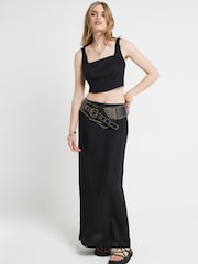 River Island Black Split Waistband 100% Cotton Midaxi Skirt - Image 1 of 4