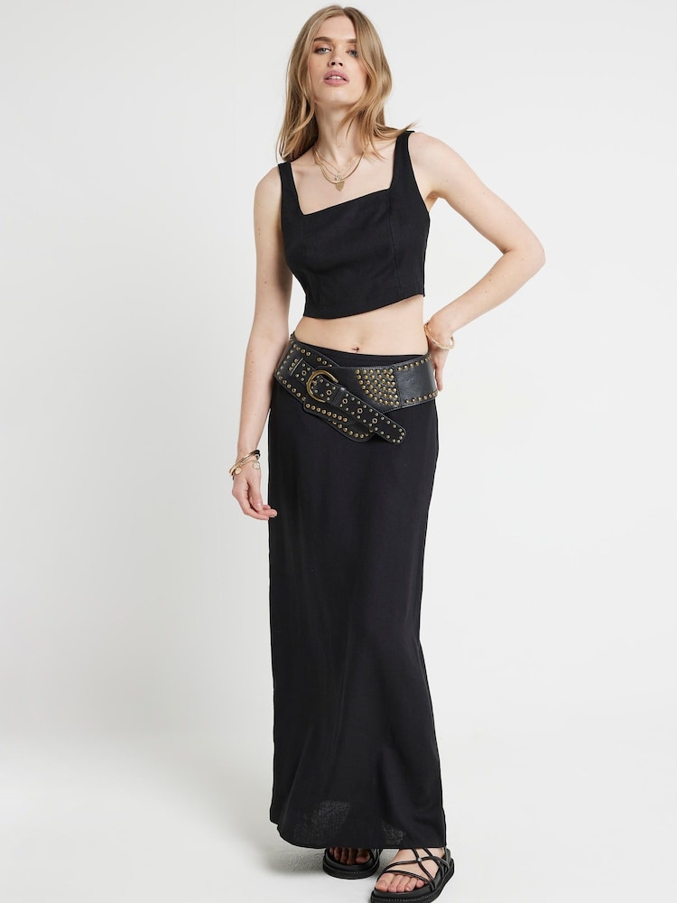 River Island Black Split Waistband 100% Cotton Midaxi Skirt - Image 1 of 4