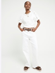 River Island White 100% Cotton Floral Hybrid Puff Sleeve T-Shirt - Image 1 of 5