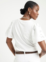 River Island White 100% Cotton Floral Hybrid Puff Sleeve T-Shirt - Image 2 of 5
