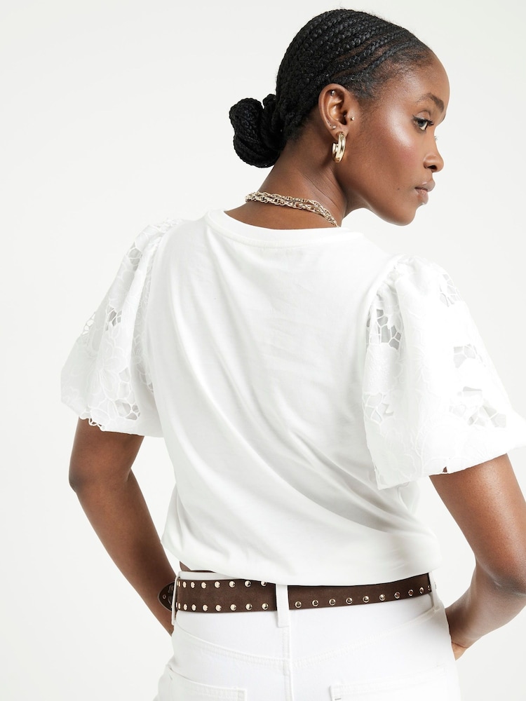 River Island White 100% Cotton Floral Hybrid Puff Sleeve T-Shirt - Image 2 of 5