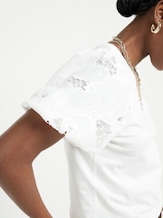 River Island White 100% Cotton Floral Hybrid Puff Sleeve T-Shirt - Image 3 of 5