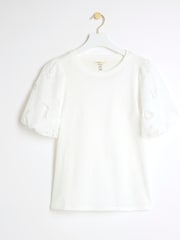 River Island White 100% Cotton Floral Hybrid Puff Sleeve T-Shirt - Image 4 of 5