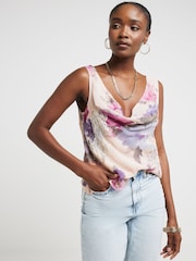 River Island Pink Cowl Neck Floral Print 100% Cotton Top - Image 1 of 4