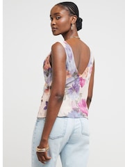 River Island Pink Cowl Neck Floral Print 100% Cotton Top - Image 2 of 4