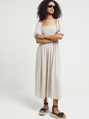 River Island Natural Square Neck Shirred Midi Dress - Image 1 of 4