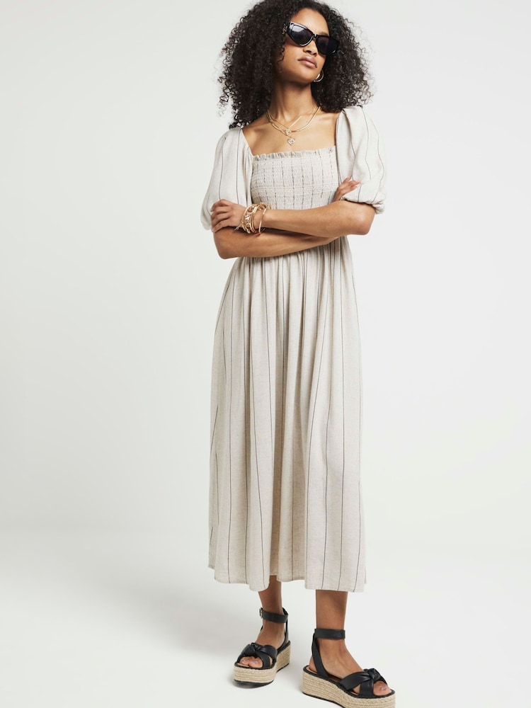 River Island Natural Square Neck Shirred Midi Dress - Image 1 of 4 River Island Natural Square Neck Shirred Midi Dress - Image 1 of 4