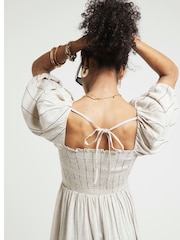 River Island Natural Square Neck Shirred Midi Dress - Image 2 of 4