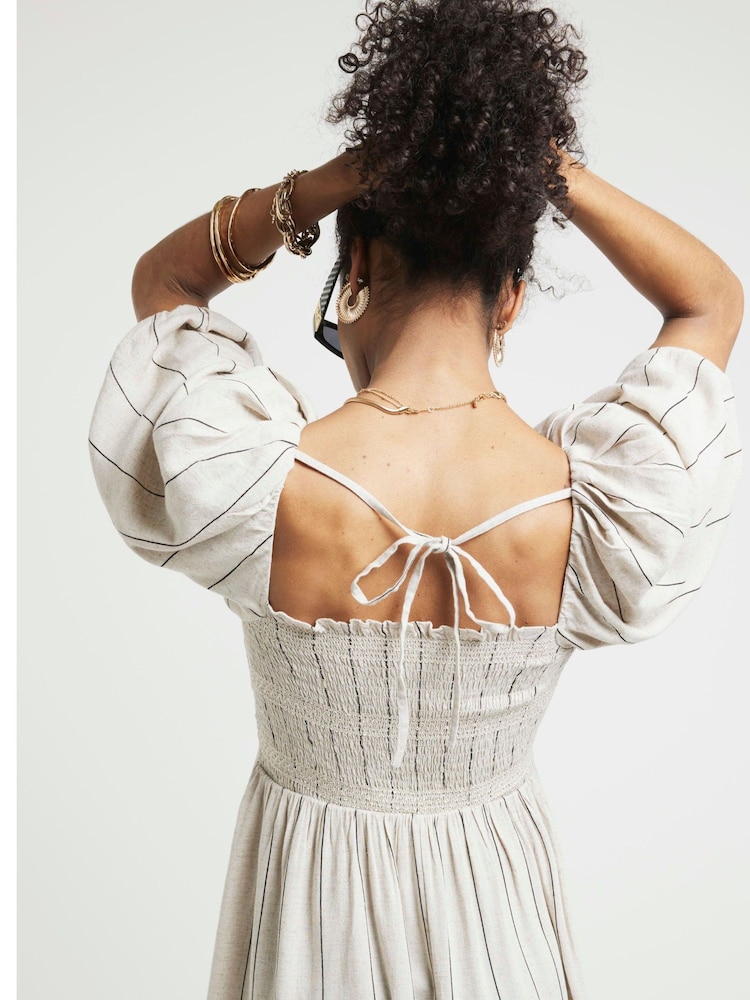 River Island Natural Square Neck Shirred Midi Dress - Image 2 of 4 River Island Natural Square Neck Shirred Midi Dress - Image 2 of 4