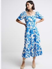 River Island Blue Floral Swing Midi Dress With Linen - Image 1 of 4