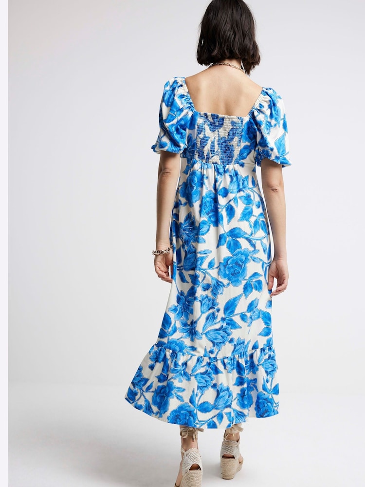 River Island Blue Floral Swing Midi Dress With Linen - Image 2 of 4 River Island Blue Floral Swing Midi Dress With Linen - Image 2 of 4
