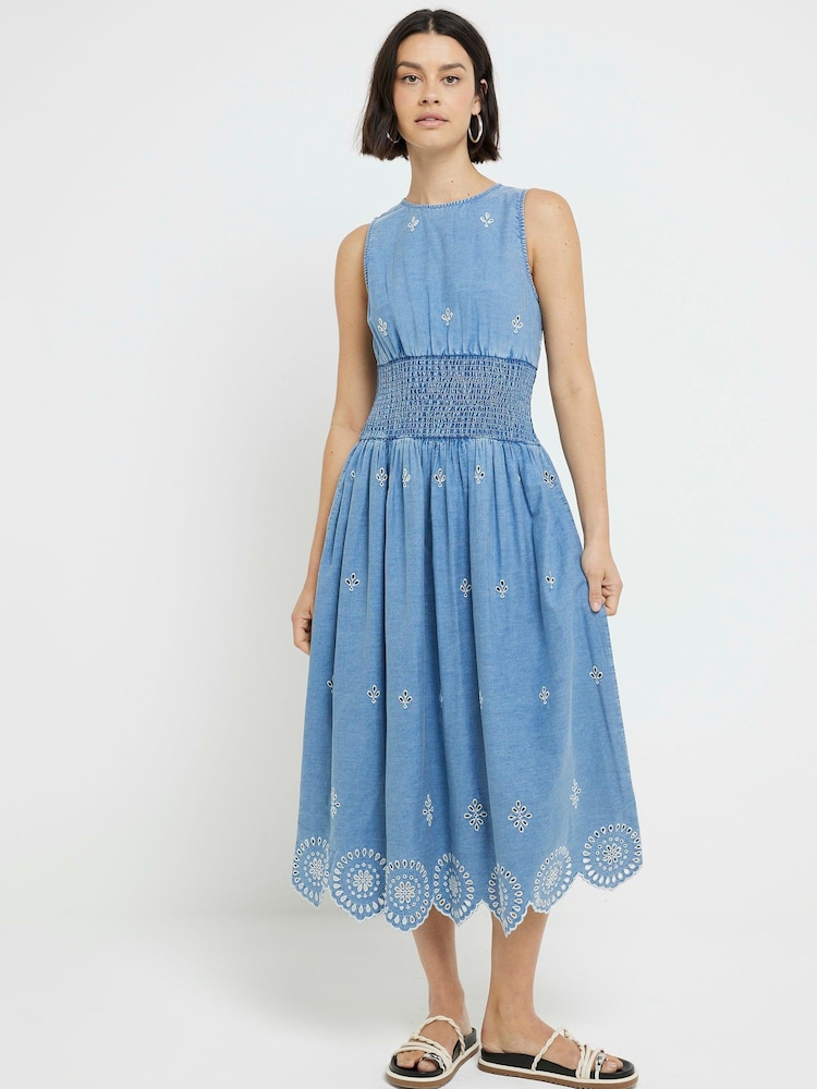 River Island Blue Waisted Denim 100% Cotton Midi Dress - Image 1 of 4