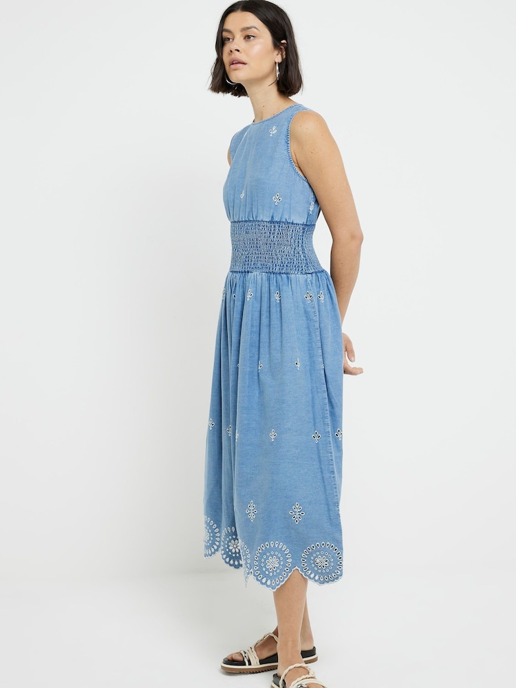 River Island Blue Waisted Denim 100% Cotton Midi Dress - Image 2 of 4