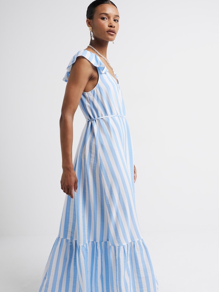 River Island Blue Floral Frill Sleeve Maxi Dress - Image 2 of 6