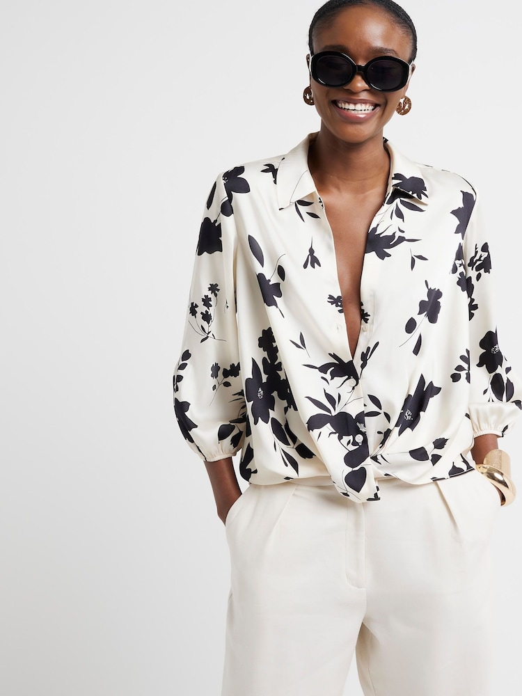 River Island Cream Floral Wrap Shirt - Image 1 of 4