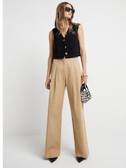 River Island Brown Wide Leg Pleated Linen Trousers - Image 1 of 3