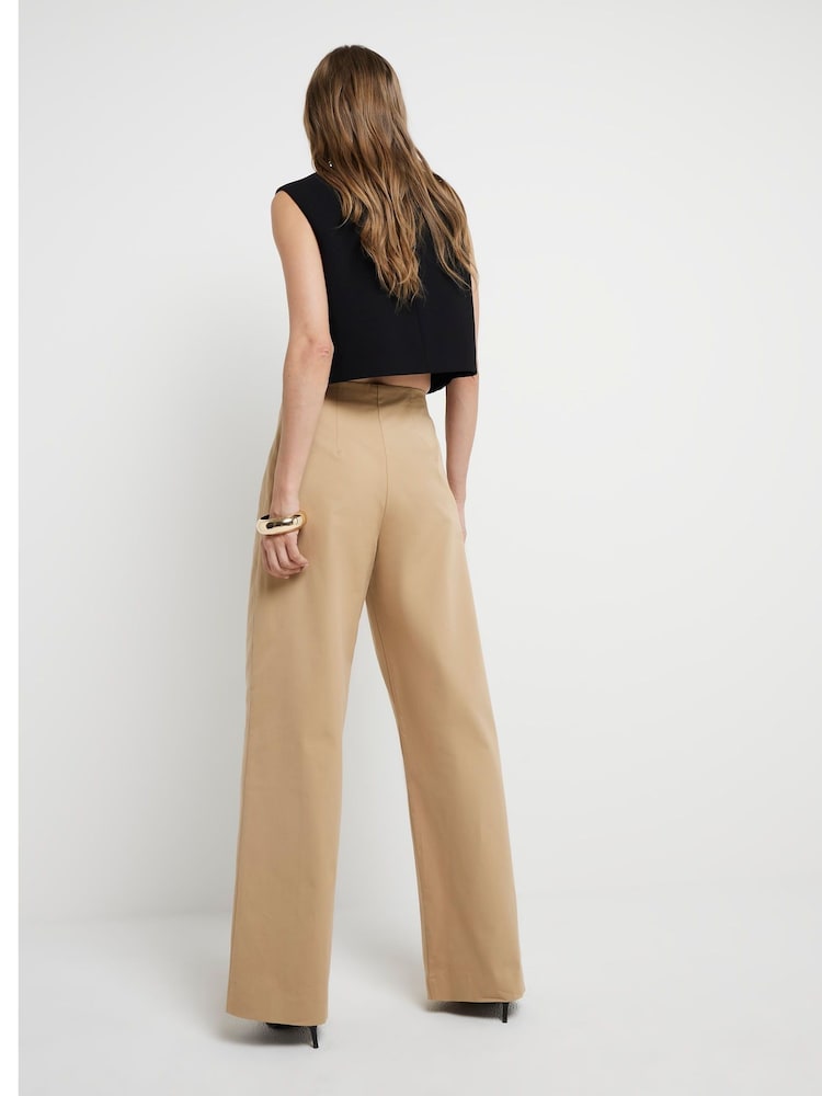 River Island Brown Wide Leg Pleated Linen Trousers - Image 2 of 3