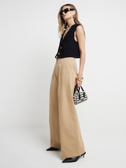 River Island Brown Wide Leg Pleated Linen Trousers - Image 3 of 3