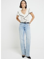 River Island Cream Frill Detailed Knitted Top - Image 2 of 6