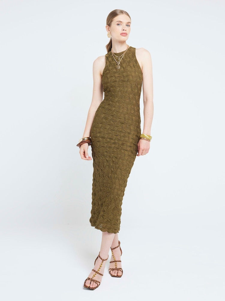 River Island Green Halter Neck Textured Column Midi Dress - Image 1 of 4