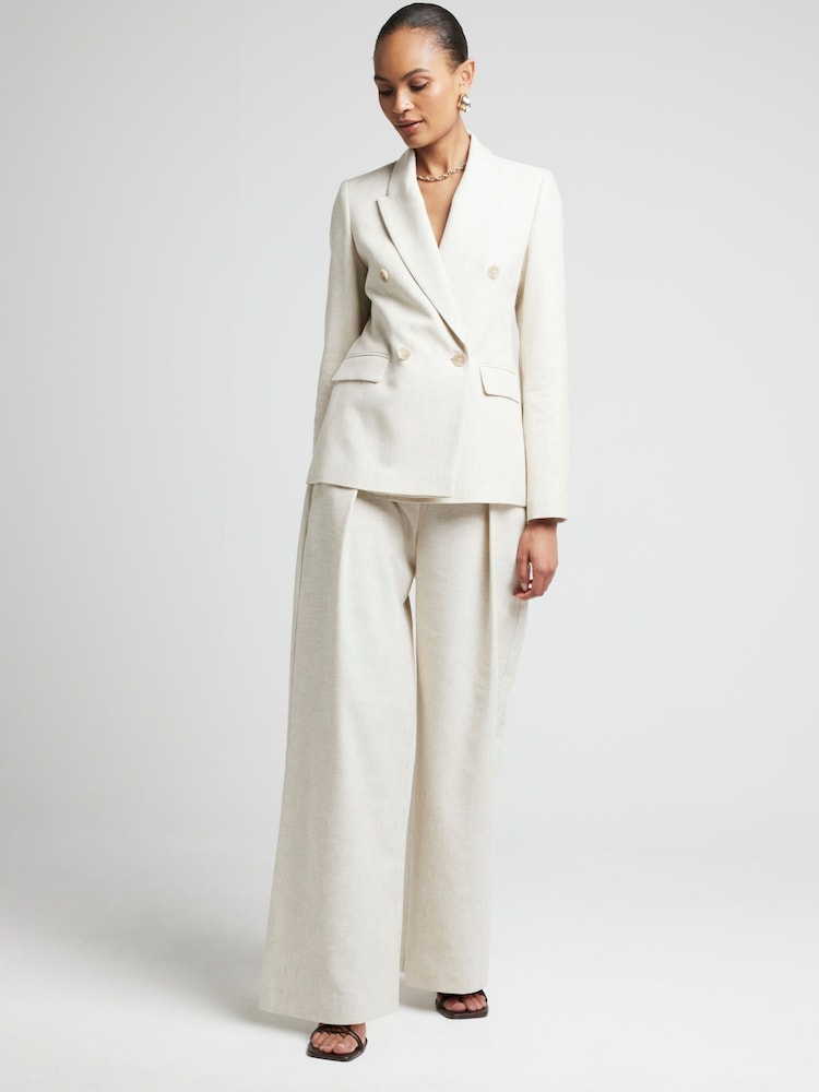 River Island Cream Wide Leg Pleated Linen Trousers - Image 1 of 6