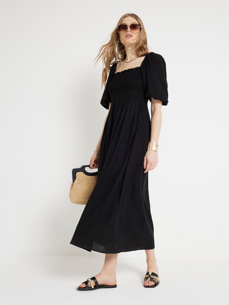 River Island Black Square Neck Shirred Midi Dress - Image 1 of 4 River Island Black Square Neck Shirred Midi Dress - Image 1 of 4