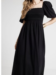 River Island Black Square Neck Shirred Midi Dress - Image 2 of 4