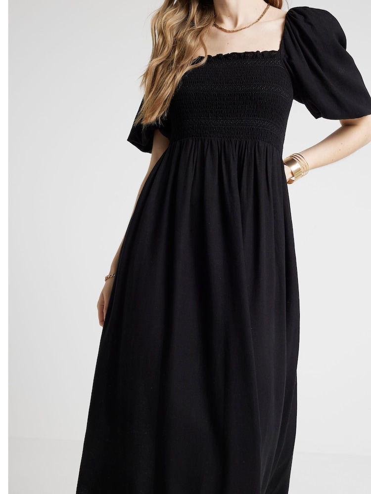 River Island Black Square Neck Shirred Midi Dress - Image 2 of 4 River Island Black Square Neck Shirred Midi Dress - Image 2 of 4