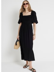 River Island Black Square Neck Shirred Midi Dress - Image 3 of 4