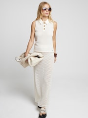 River Island Cream Crochet Button Up Sleeveless 100% Cotton Polo Shirt - Image 1 of 4