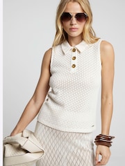 River Island Cream Crochet Button Up Sleeveless 100% Cotton Polo Shirt - Image 2 of 4