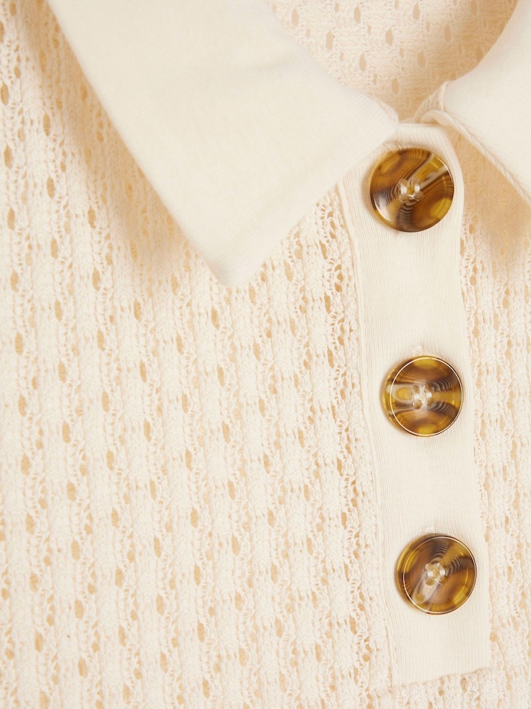 River Island Cream Crochet Button Up Sleeveless 100% Cotton Polo Shirt - Image 4 of 4 River Island Cream Crochet Button Up Sleeveless 100% Cotton Polo Shirt - Image 4 of 4