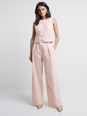 River Island Pink Wide Leg Pleated Linen Trousers - Image 1 of 4