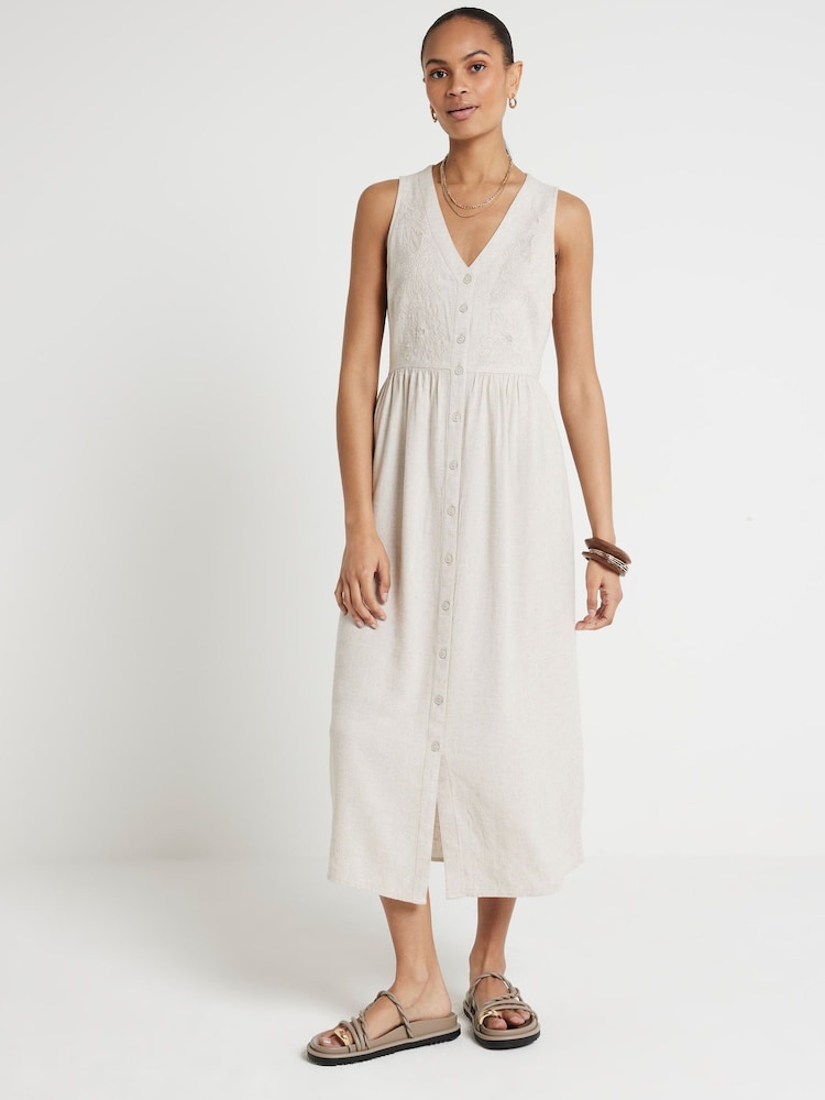River Island Brown Linen Cutwork Midi Dress - Image 1 of 4 River Island Brown Linen Cutwork Midi Dress - Image 1 of 4