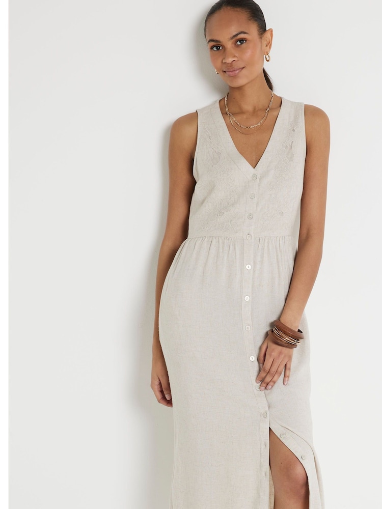 River Island Brown Linen Cutwork Midi Dress - Image 2 of 4 River Island Brown Linen Cutwork Midi Dress - Image 2 of 4