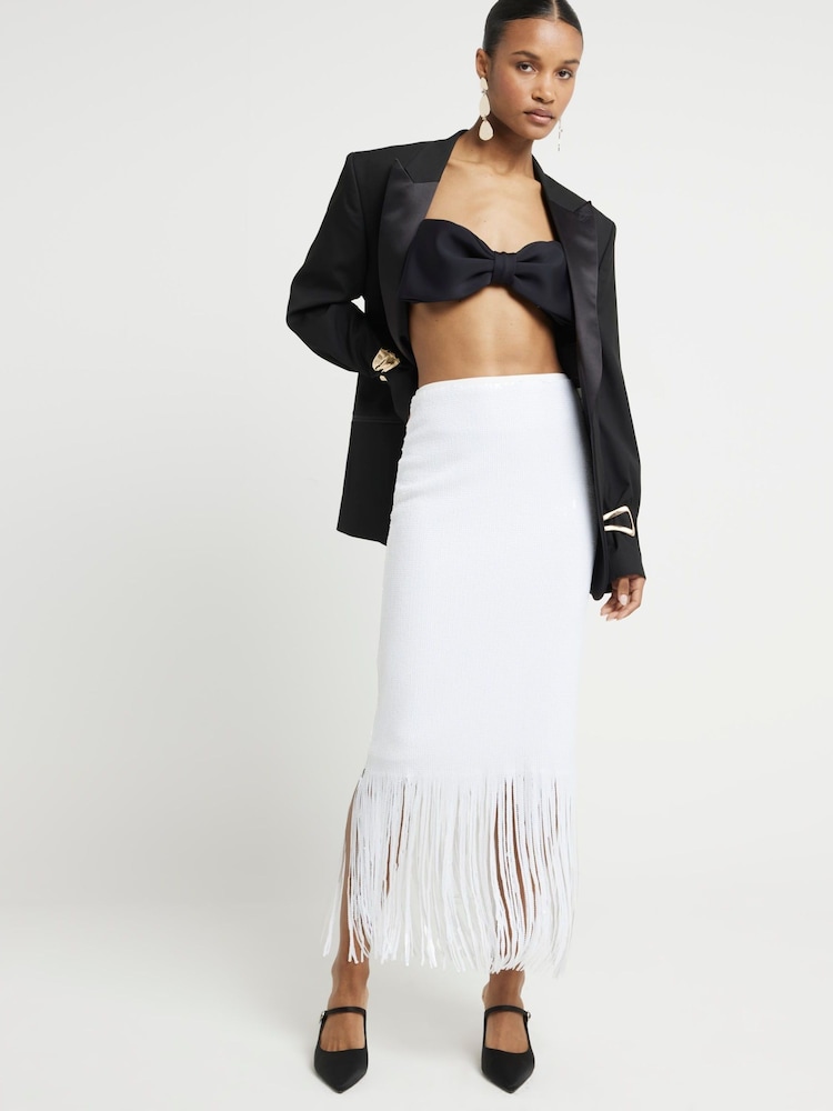 River Island White Sequin Fringe Midi Skirt - Image 1 of 5