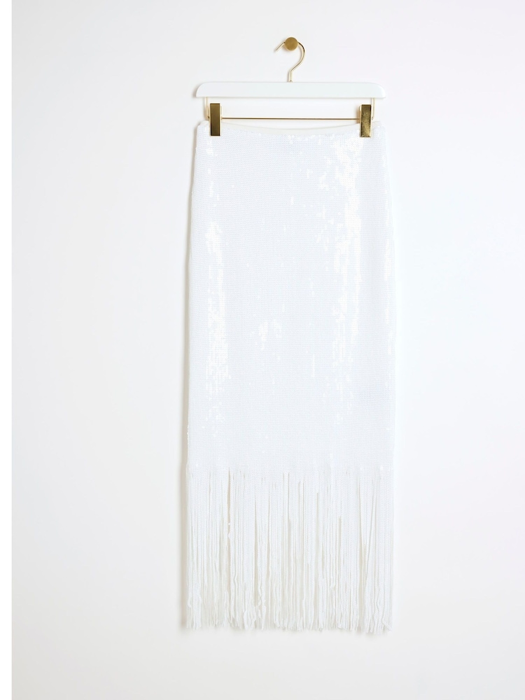 River Island White Sequin Fringe Midi Skirt - Image 5 of 5
