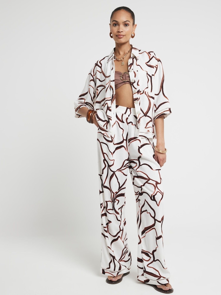 River Island Brown Abstract Boxy 100% Cotton Shirt - Image 1 of 4