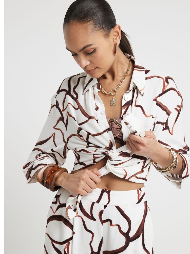 River Island Brown Abstract Boxy 100% Cotton Shirt - Image 2 of 4