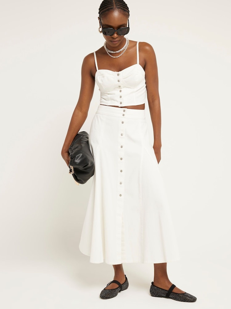 River Island White Godet Denim Midi Skirt - Image 1 of 6