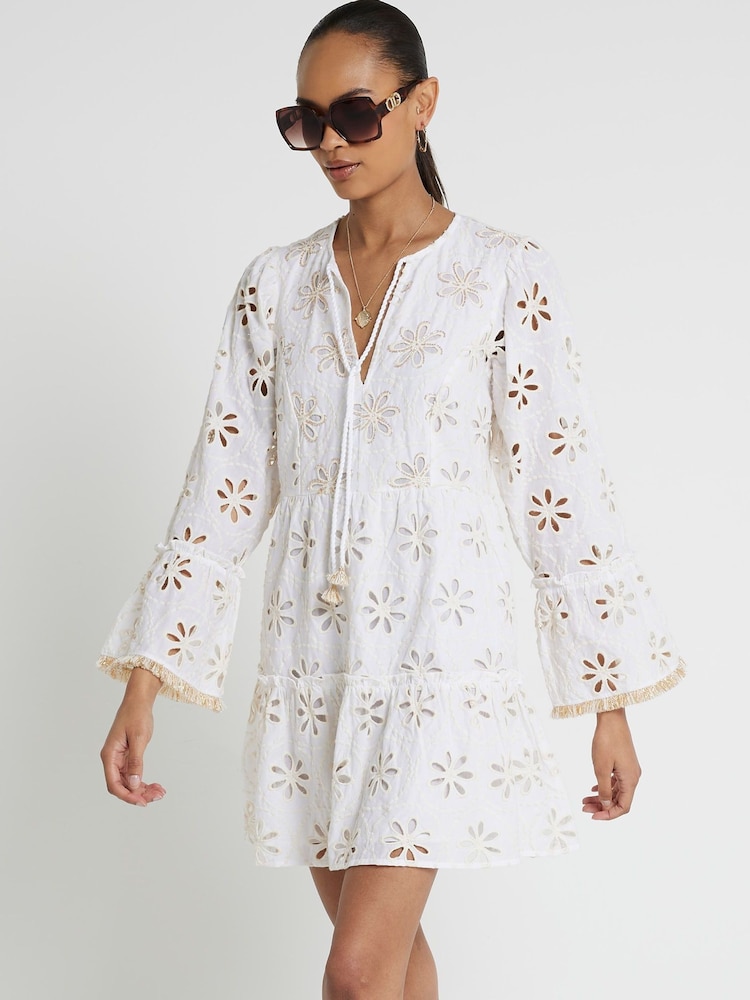River Island Cream Broderie Smock Mini Dress - Image 1 of 4
