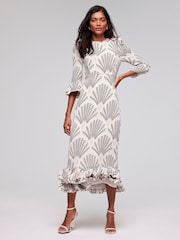 Mint Velvet Cream Print Ruffle Midi Dress - Image 1 of 1