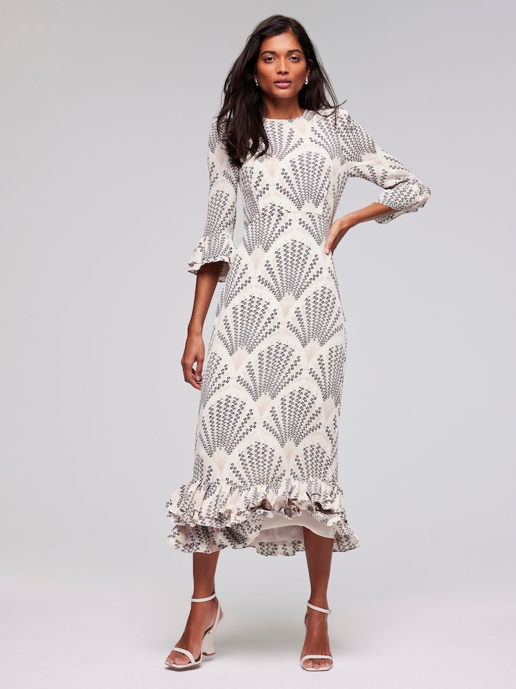 Mint Velvet Cream Print Ruffle Midi Dress - Image 1 of 1