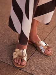 Mint Velvet Gold Leather Woven Flat Sandals - Image 1 of 3