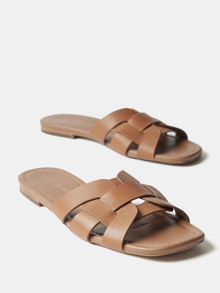Mint Velvet Brown Leather Woven Flat Sandals - Image 2 of 5