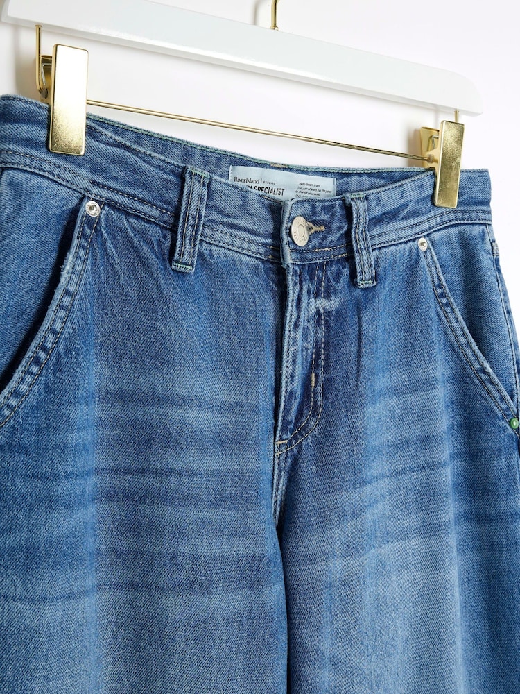 River Island Blue Petite Denim Medium Tailored Baggy 100% Cotton Jeans - Image 4 of 4 River Island Blue Petite Denim Medium Tailored Baggy 100% Cotton Jeans - Image 4 of 4